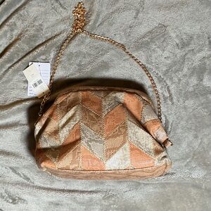 Anthropologie Chevron Patchwork Crossbody Bag in Peach, Beige & Gold